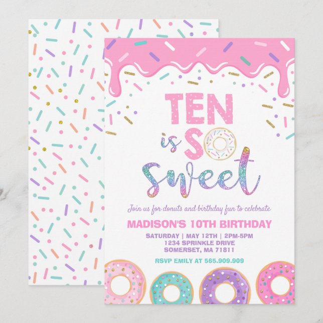 Donut 10th Birthday Invite Donut Ten Is Sweet (Front/Back)