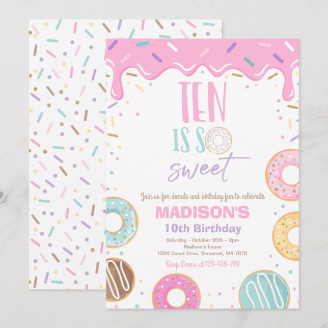 Donut 10th Birthday Party Ten Is So Sweet Invitation (Front/Back)