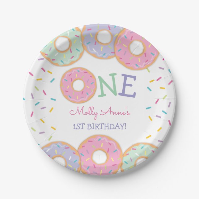 Donut 1st Birthday Donut Grow Up Pink Sprinkles Paper Plates (Front)