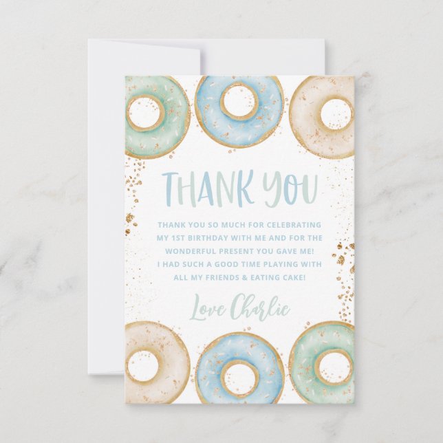 Donut 1st Birthday Flat Thank You Card Pink Blue (Front)
