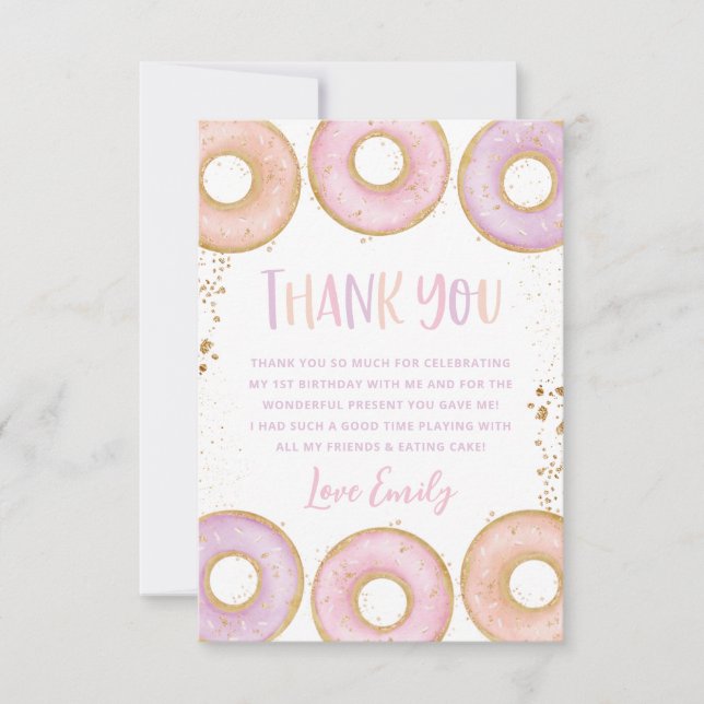 Donut 1st Birthday Flat Thank You Card Pink Purple (Front)