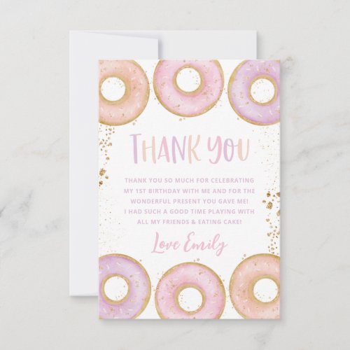 Donut 1st Birthday Flat Thank You Card Pink Purple