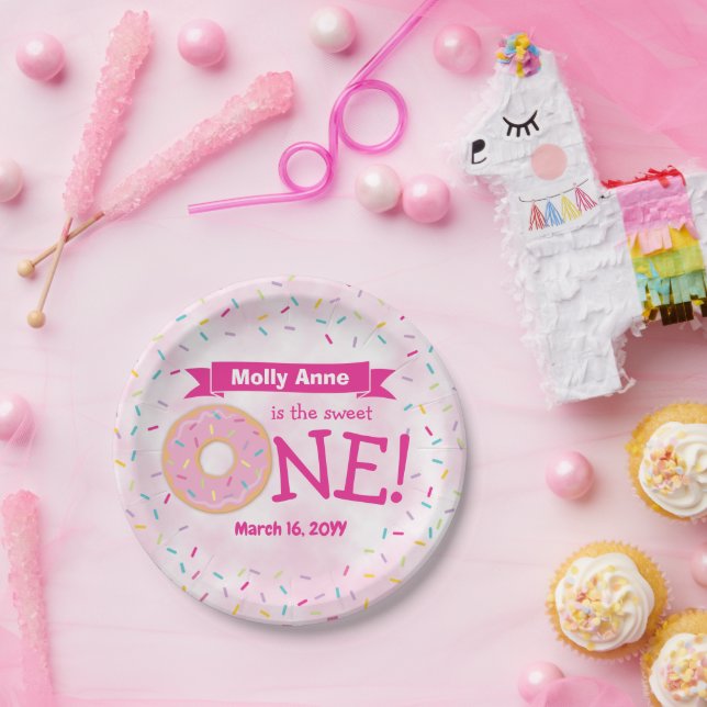 Donut 1st Birthday Girl Rainbow Sprinkles Paper Plates (Party)