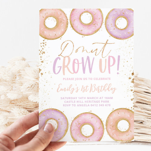 Donut 1st Birthday Invitation Donut Grow Up Pink