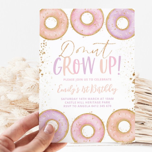 Donut 1st Birthday Invitation Donut Grow Up Pink (Creator Uploaded)