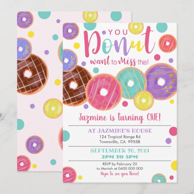 Donut 1st Birthday Invitation, Donut Miss it Invitation (Front/Back)