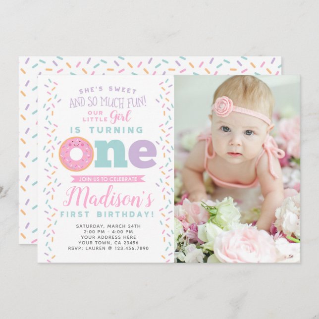 Donut 1st Birthday Invitation with Photo (Front/Back)