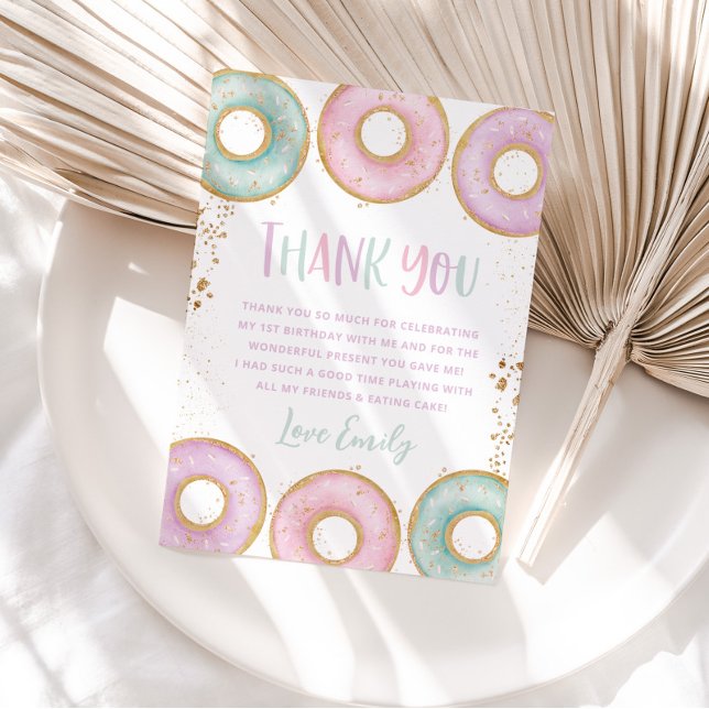 Donut 1st Birthday Party Flat Thank You Card Aqua (Creator Uploaded)
