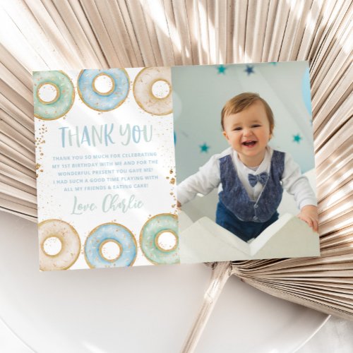 Donut 1st Birthday Party Thank You Card with Photo