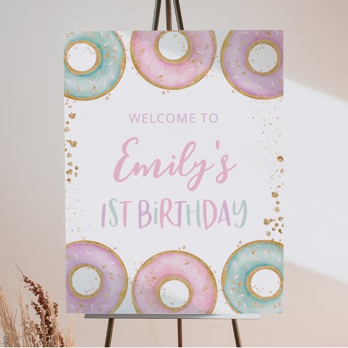 Donut 1st Birthday Party Welcome Sign Poster Aqua 