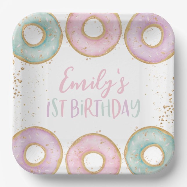 Donut 1st Birthday Personalized Party Paper Plates (Front)