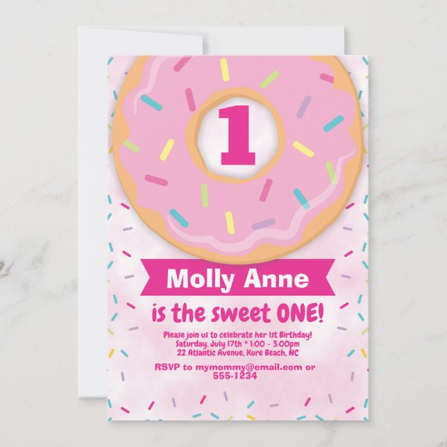 Donut 1st First Birthday Girl Invitation Sprinkles (Front)