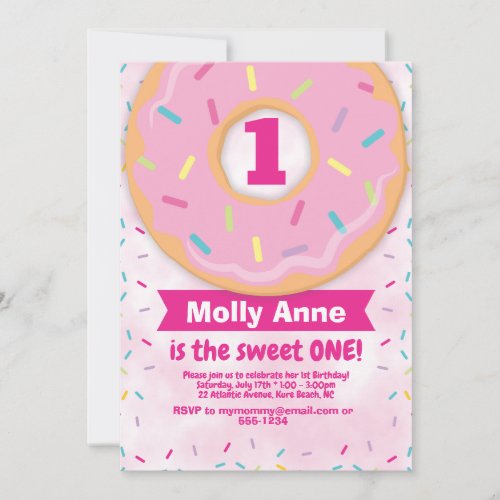 Donut 1st First Birthday Girl Invitation Sprinkles