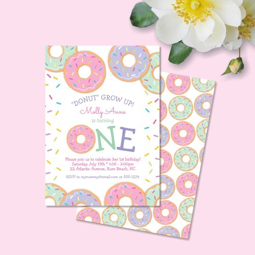 Donut 1st First Birthday Invitation pink sprinkles