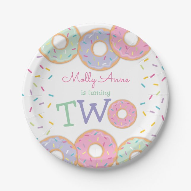 Donut 2nd Birthday Girl Pink Sprinkles Paper Plates (Front)