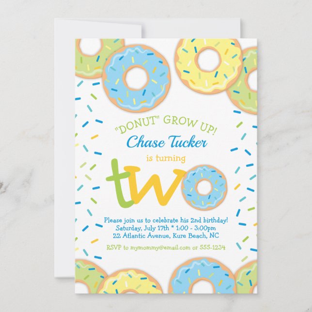 Donut 2nd Birthday Invitation Boy sprinkles (Front)