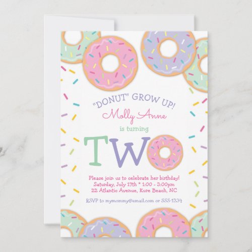 Donut 2nd Birthday Invitation pink sprinkles