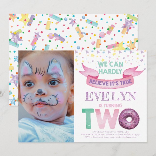Donut 2nd Birthday Photo Invitation (Front/Back)