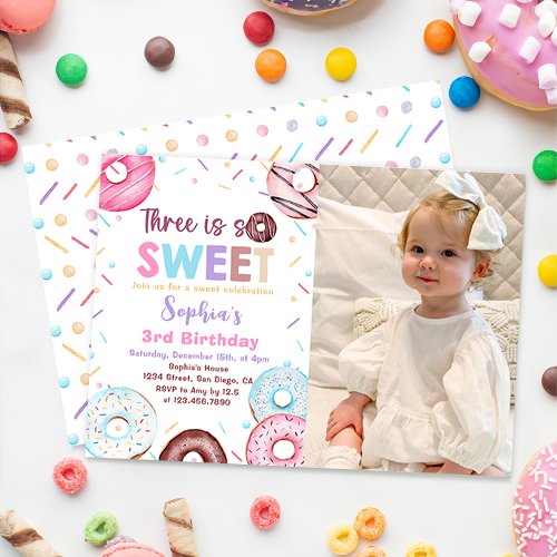 Donut 3rd Birthday Donut Three Is Sweet Photo Invitation