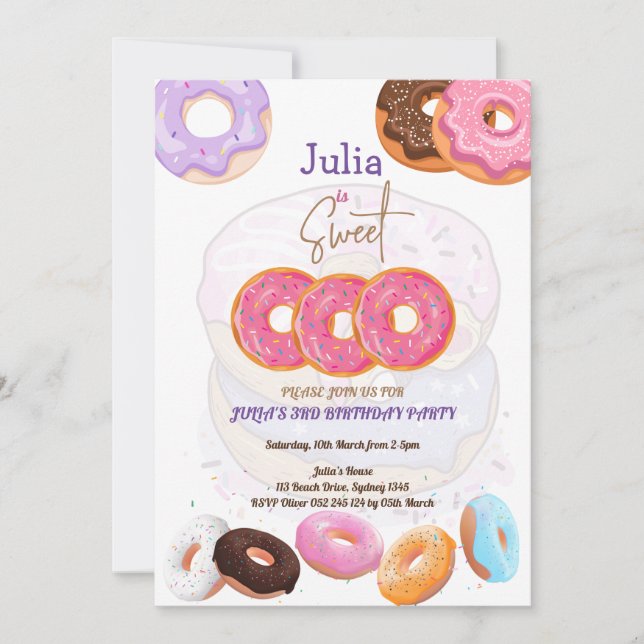 Donut 3rd birthday girl  invitation (Front)