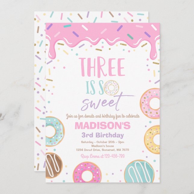 Donut 3rd Birthday Invite Donut Three Is Sweet (Front/Back)
