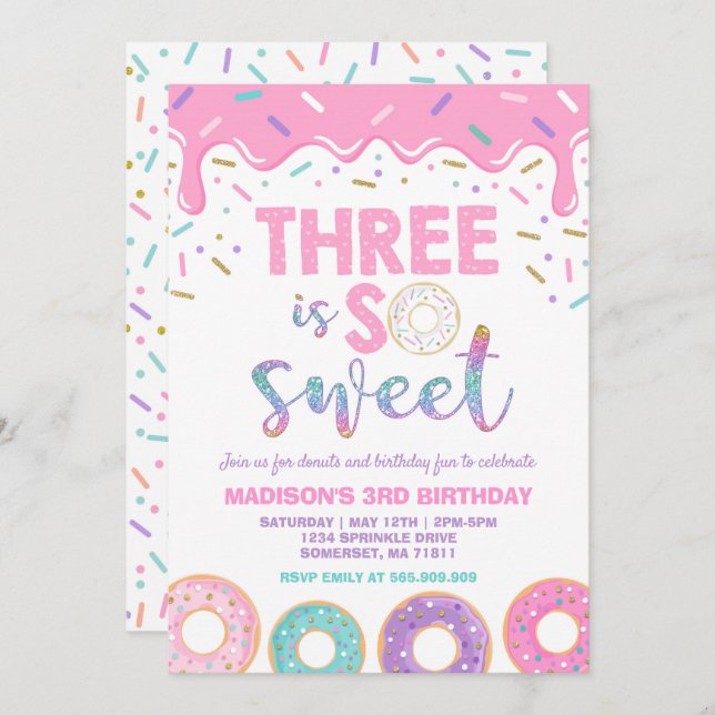 Donut 3rd Birthday Invite Donut Three Is Sweet (Front/Back)