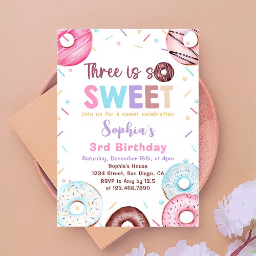 Donut 3rd Birthday Party Donut Three Is Sweet Invitation