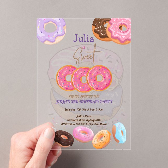 Donut 3rd birthday pink  acrylic invitations (Insitu (Handheld))
