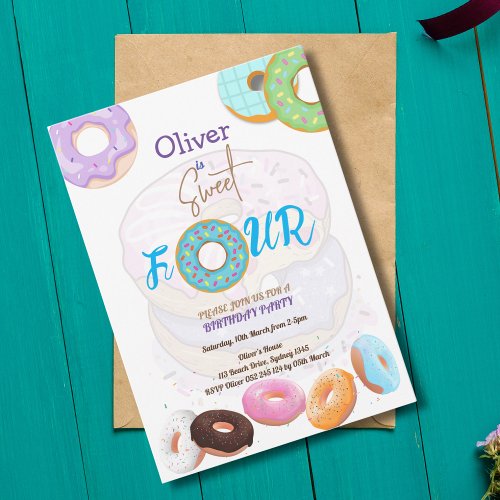 Donut 4th birthday boy  invitation