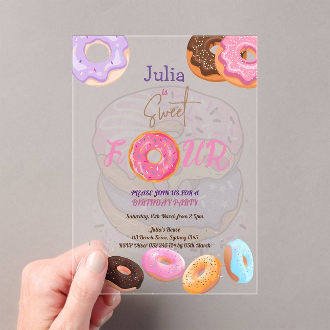 Donut 4th birthday girl acrylic invitations (Insitu (Handheld))