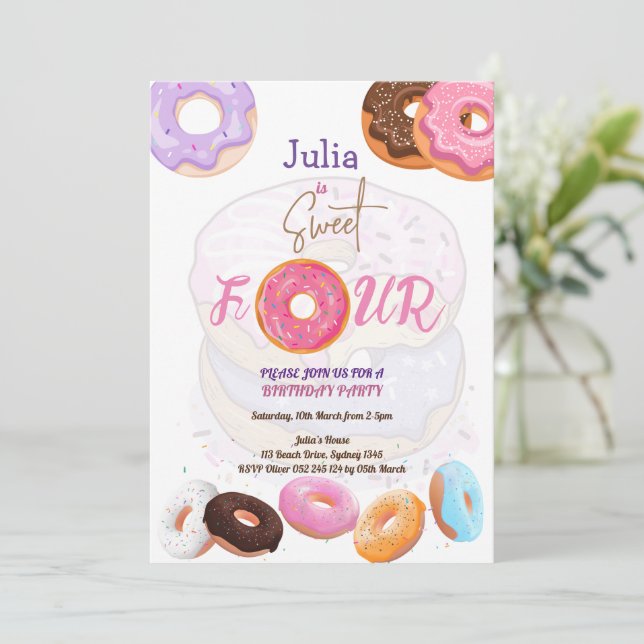 Donut 4th birthday girl  invitation (Standing Front)