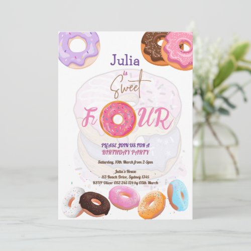 Donut 4th birthday girl  invitation