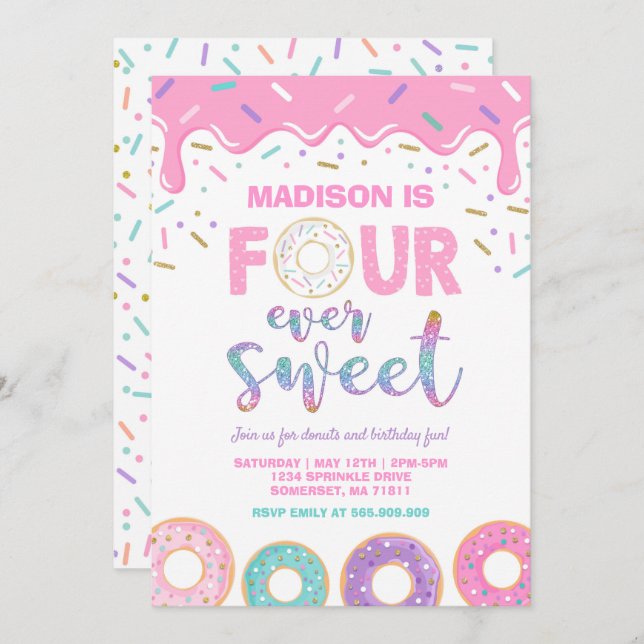 Donut 4th Birthday Invite Donut Four Ever Sweet (Front/Back)