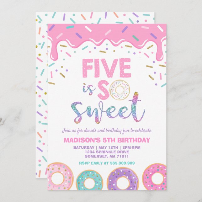 Donut 5th Birthday Invite Donut Five Is Sweet (Front/Back)