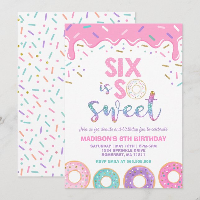 Donut 6th Birthday Invite Donut Six Is Sweet (Front/Back)