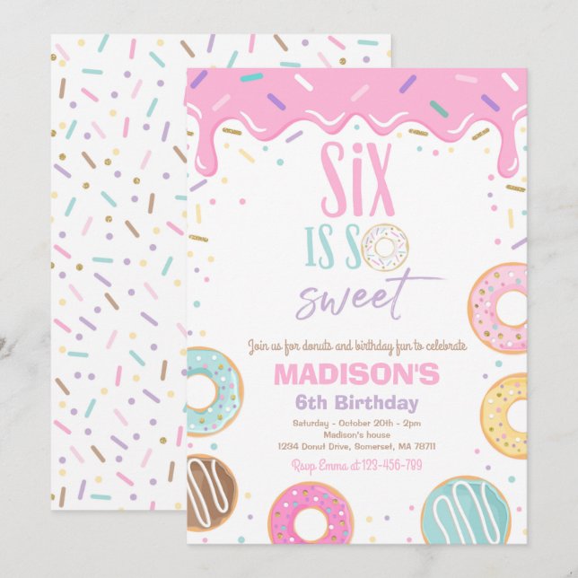 Donut 6th Birthday Party Six Is So Sweet Invitation (Front/Back)