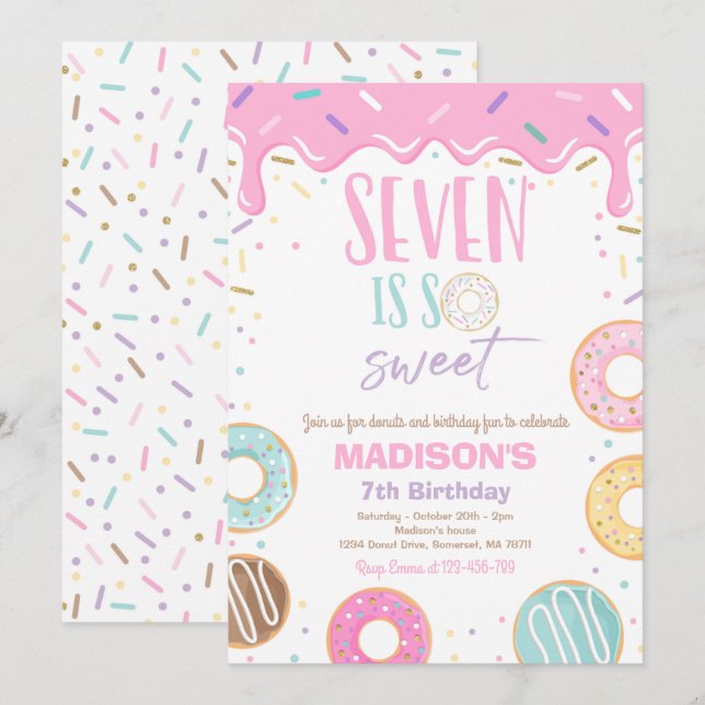 Donut 7th Birthday Party Seven Is So Sweet Invitation (Front/Back)