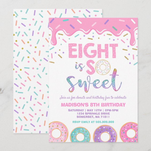 Donut 8th Birthday Invite Donut Eight Is Sweet (Front/Back)