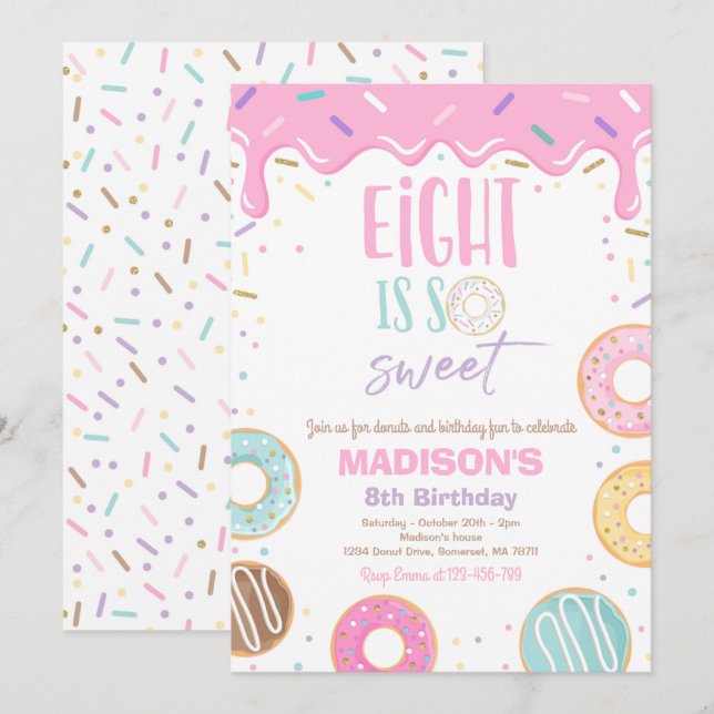 Donut 8th Birthday Party Eight Is So Sweet Invitation (Front/Back)