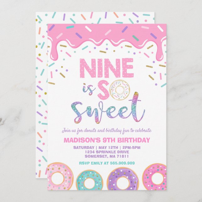 Donut 9th Birthday Invite Donut Nine Is Sweet (Front/Back)