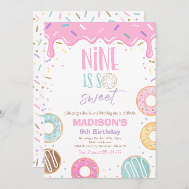 Donut 9th Birthday Party Nine Is So Sweet Invitation (Front/Back)