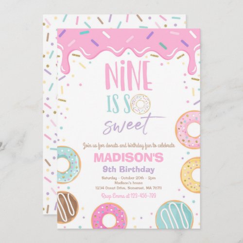 Donut 9th Birthday Party Nine Is So Sweet Invitation