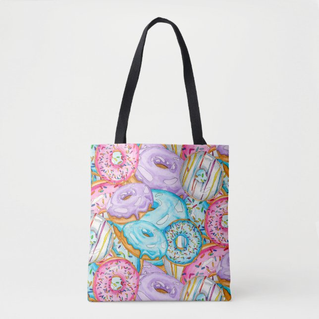 Donut all over tossed print, watercolor  tote bag (Front)