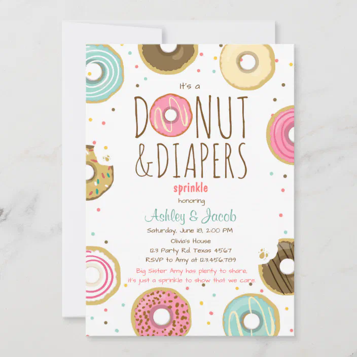 #61.0 Diapers and Donuts Girl Baby Shower Invite Invitation 5x7 Digital Personalized Baby Sprinkle Chocolate Glazed Sprinkles Cute Pink