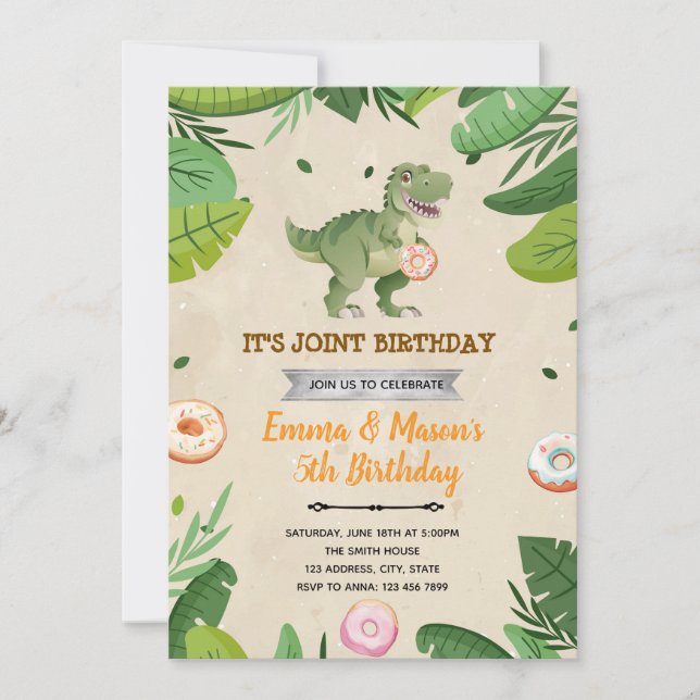 Donut and dinosaur birthday invitation (Front)