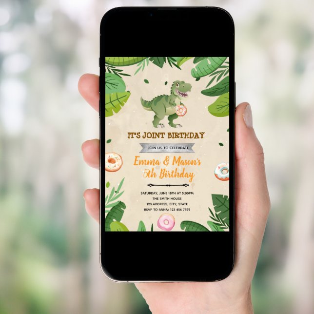 Donut and dinosaur birthday invitation (Front Digital)