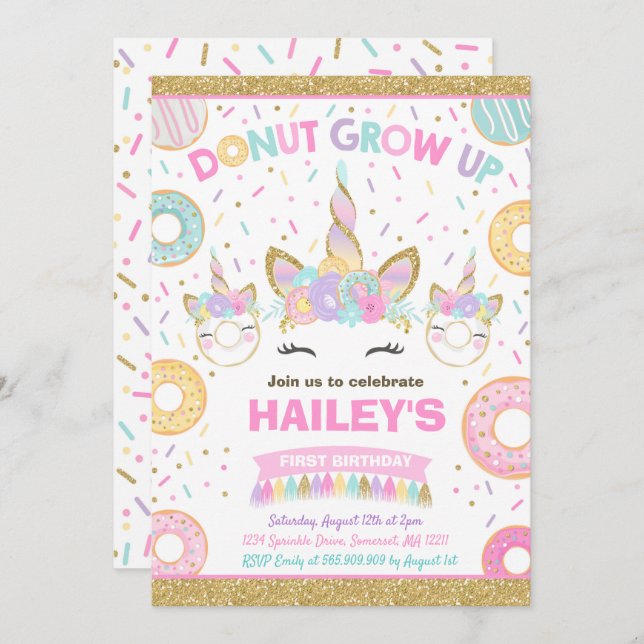 Donut And Unicorn Invitation Donut Grow Up Party (Front/Back)