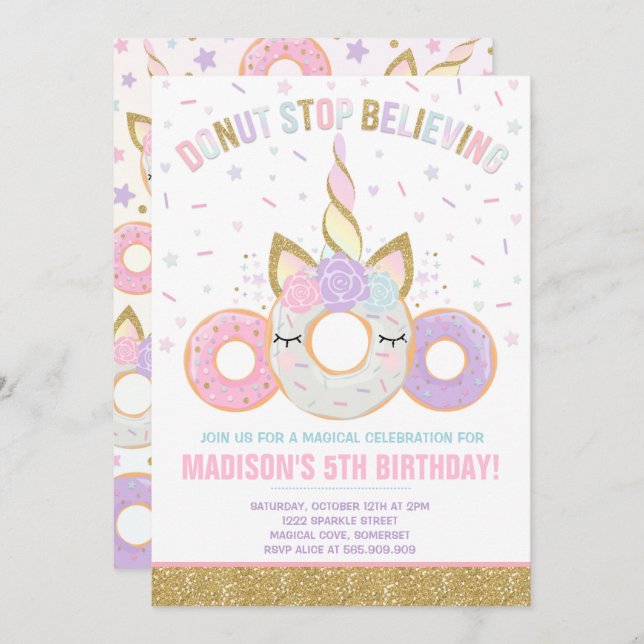 Donut And Unicorn Invitation Donut Stop Believing (Front/Back)