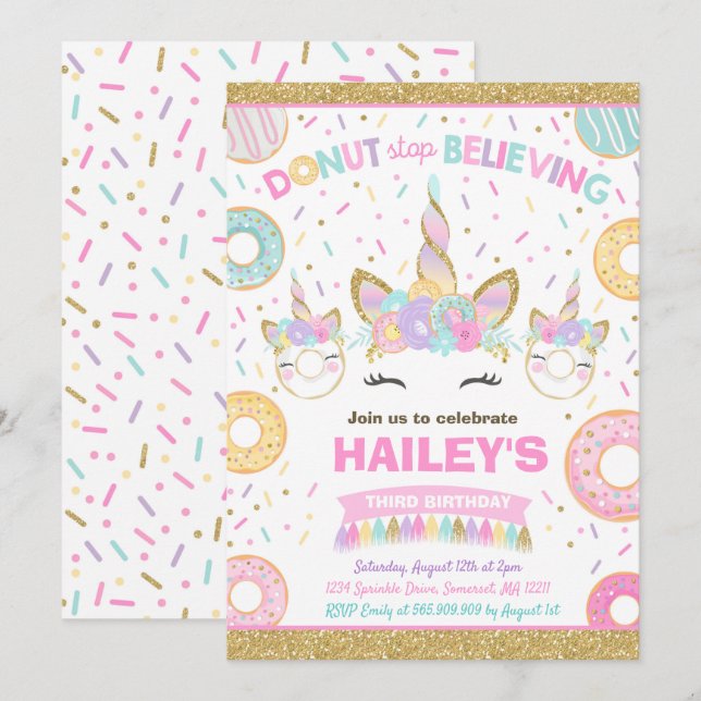 Donut And Unicorn Invitation Donut Stop Believing (Front/Back)
