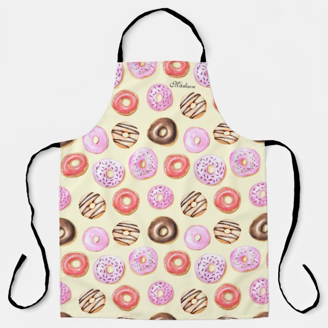 Donut Baking Modern Watercolor Personalized Name Apron (Front)